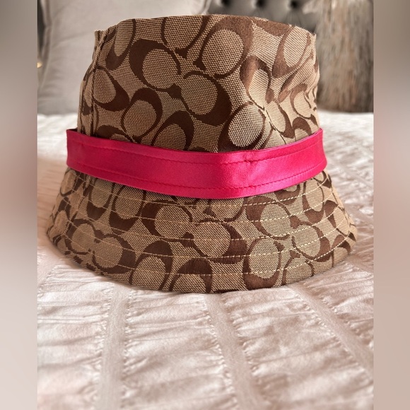 Coach Brown Patterned Hat with Pink Ribbon - Picture 2 of 4